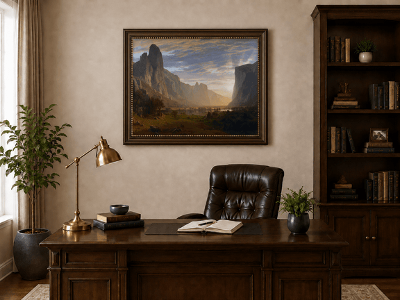 Framed hand-painted cliffs and river oil painting illuminated by warm golden light displayed above a traditional home office desk.