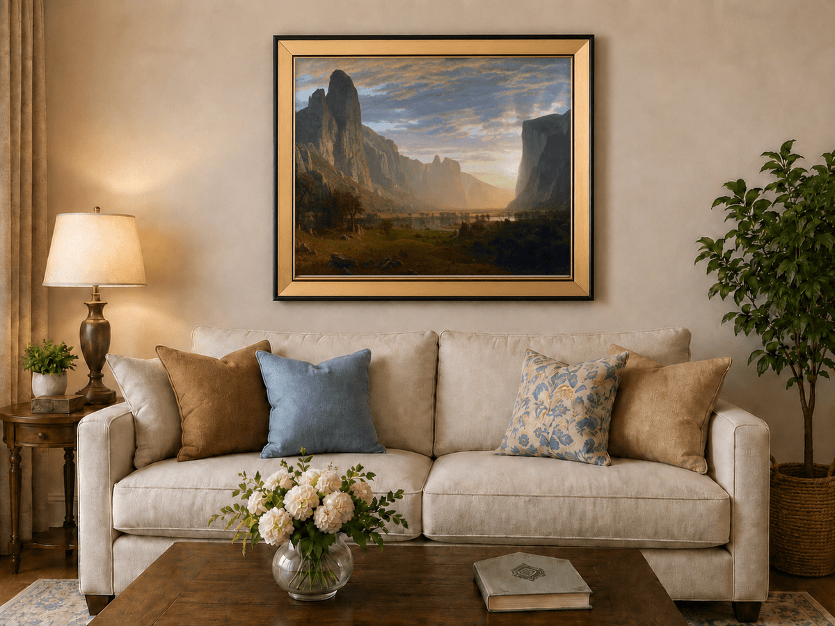 Framed hand-painted cliffs and river oil painting illuminated by warm golden light displayed above a neutral living room sofa.
