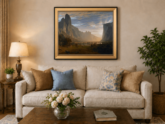 Framed hand-painted cliffs and river oil painting illuminated by warm golden light displayed above a neutral living room sofa.