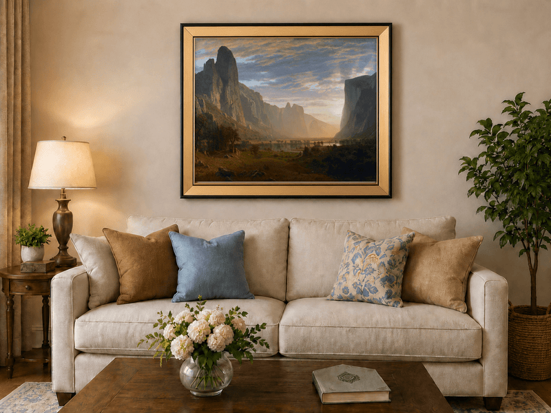 Framed hand-painted cliffs and river oil painting illuminated by warm golden light displayed above a neutral living room sofa.