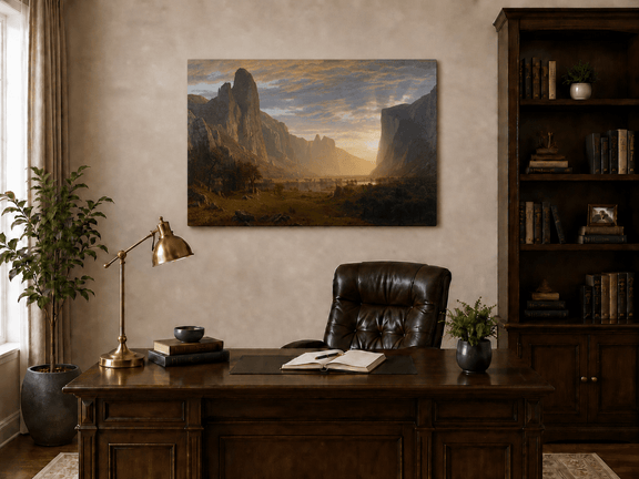 Unframed hand-painted cliffs and river oil painting illuminated by warm golden light displayed above a traditional home office desk.