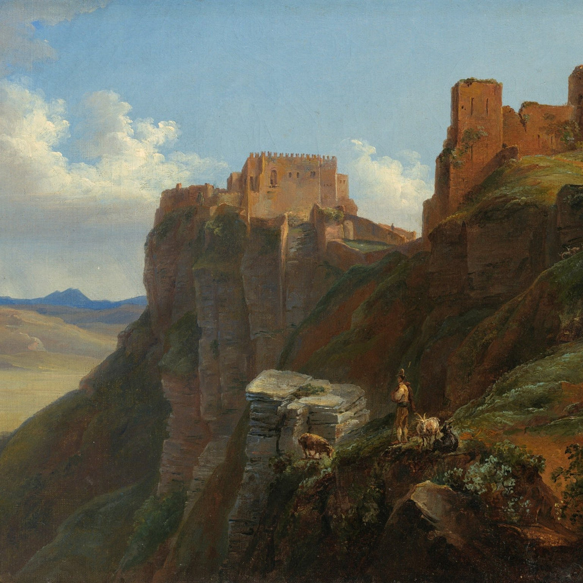 Hand painted landscape oil painting on canvas featuring a cliffside castle overlooking a sunlit valley, textured brushwork. - Add Frame, Architecture, Canvas, Castle, Hand Painted, Landscape, Made To Order, Mountain, Oil Painting