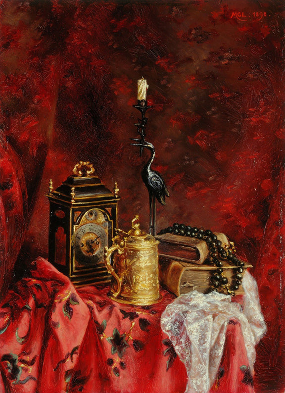 Clock, Books and Candle on Red Drapery - Still Life Oil Painting - Oil Painting Haven