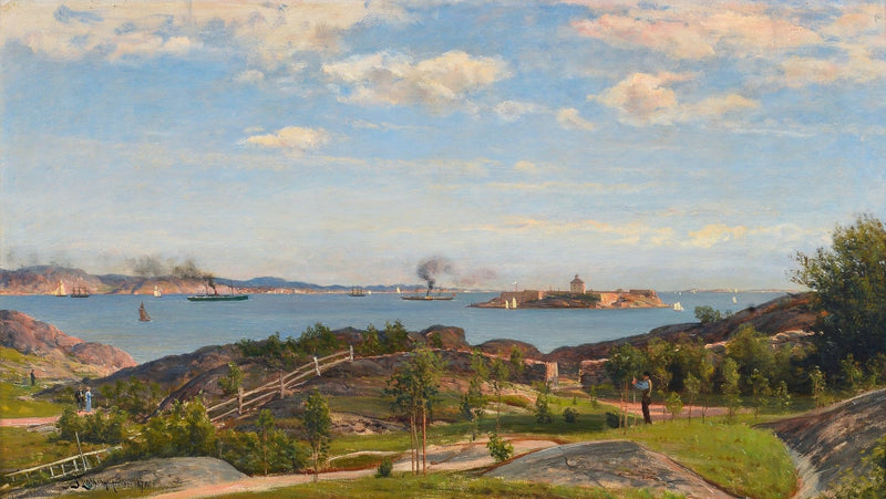 Coastal Bay, Ships, Island – Hand - Painted Landscape Oil Painting - Oil Painting Haven