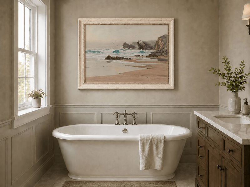 Framed hand-painted coastal beach oil painting with crashing waves and cliffside rocks displayed above a freestanding bathtub.
