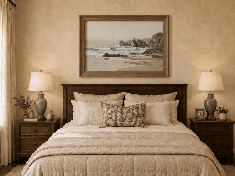 Framed hand-painted coastal beach oil painting with crashing waves and cliffside rocks displayed above a wooden bed in a neutral bedroom.