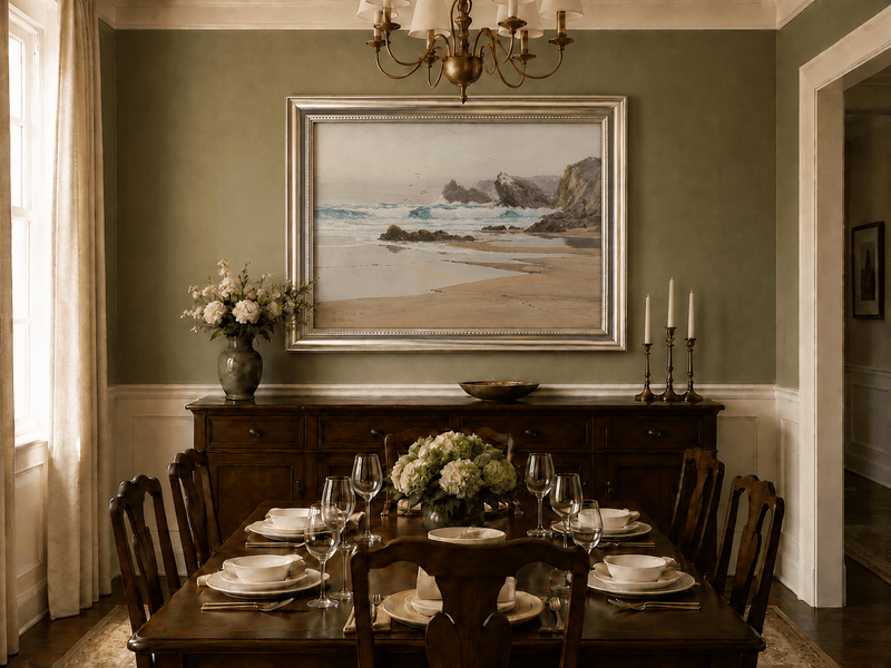 Framed hand-painted coastal beach oil painting with crashing waves and cliffside rocks displayed above a formal dining table.