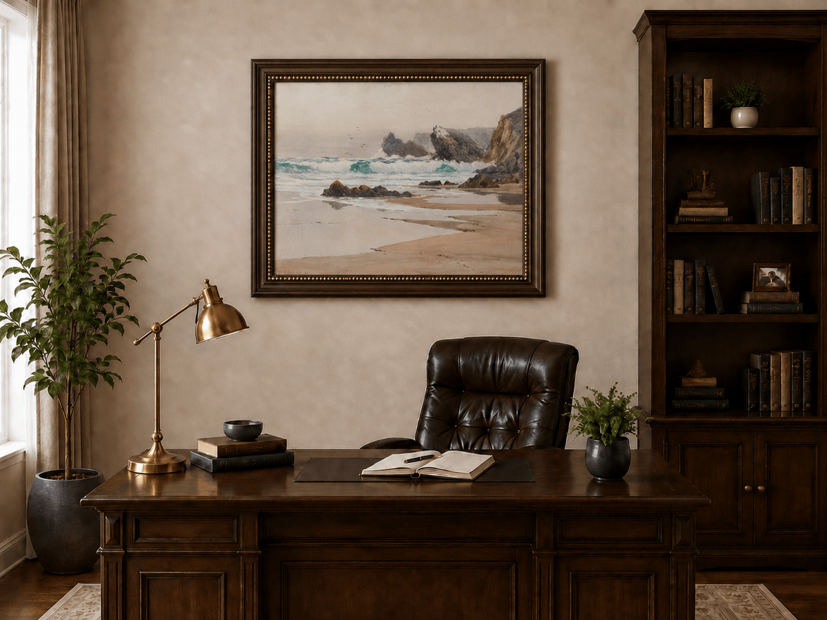 Framed hand-painted coastal beach oil painting with crashing waves and cliffside rocks displayed above a traditional home office desk.