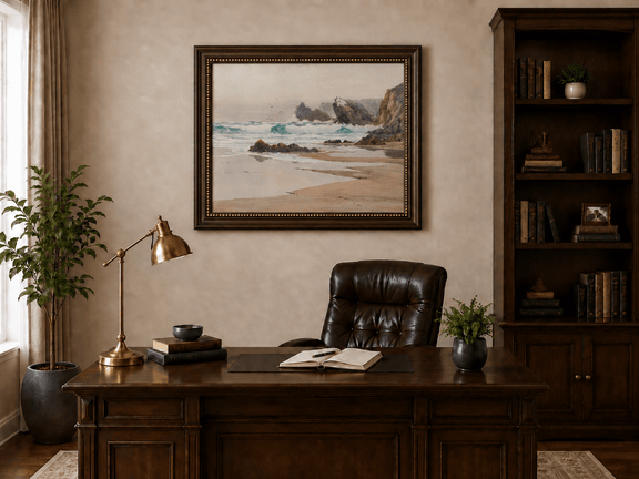 Framed hand-painted coastal beach oil painting with crashing waves and cliffside rocks displayed above a traditional home office desk.