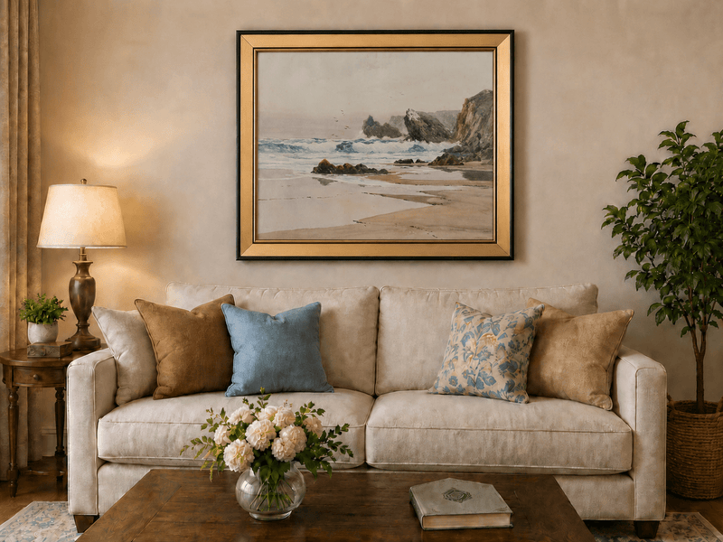Framed hand-painted coastal beach oil painting with crashing waves and cliffside rocks displayed above a neutral living room sofa.