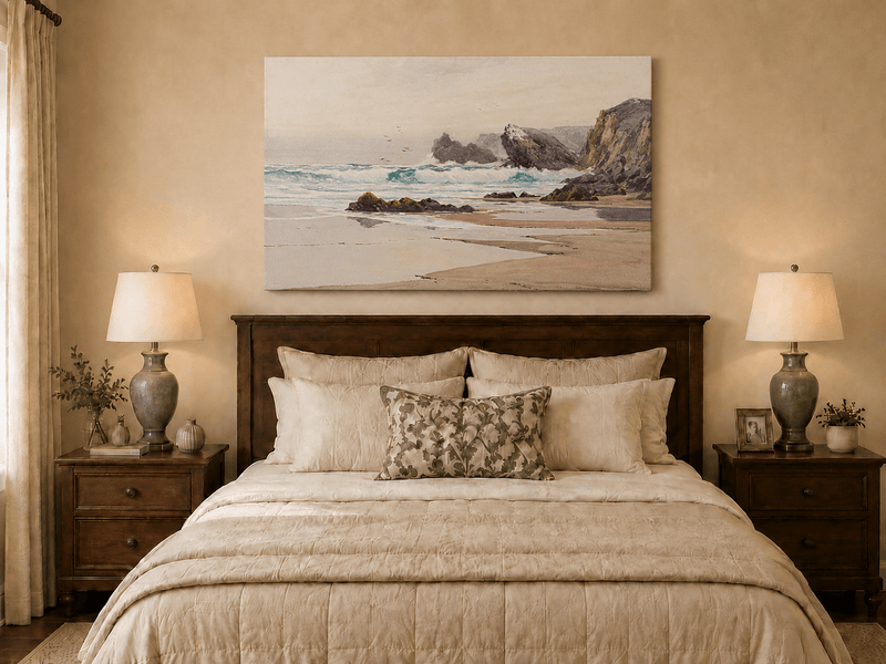 Unframed hand-painted coastal beach oil painting with crashing waves and cliffside rocks displayed above a wooden bed in a neutral bedroom.