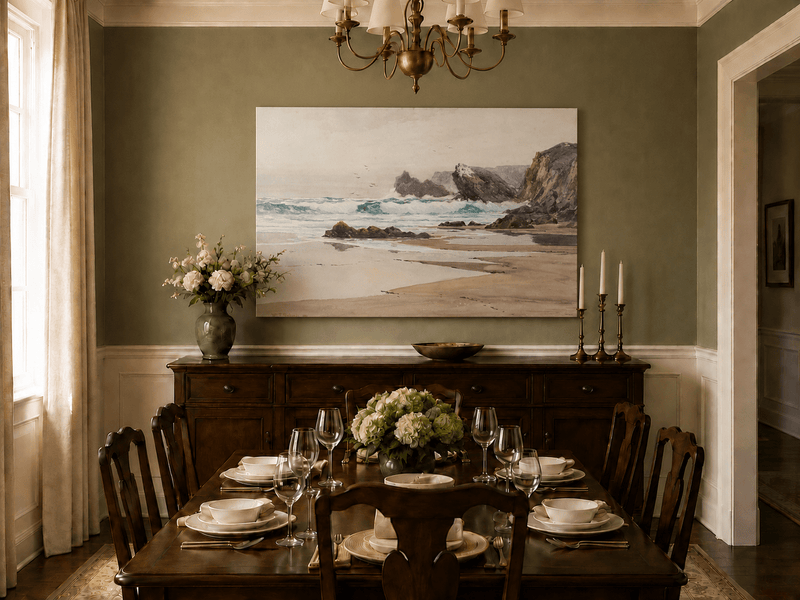 Unframed hand-painted coastal beach oil painting with crashing waves and cliffside rocks displayed above a formal dining table.