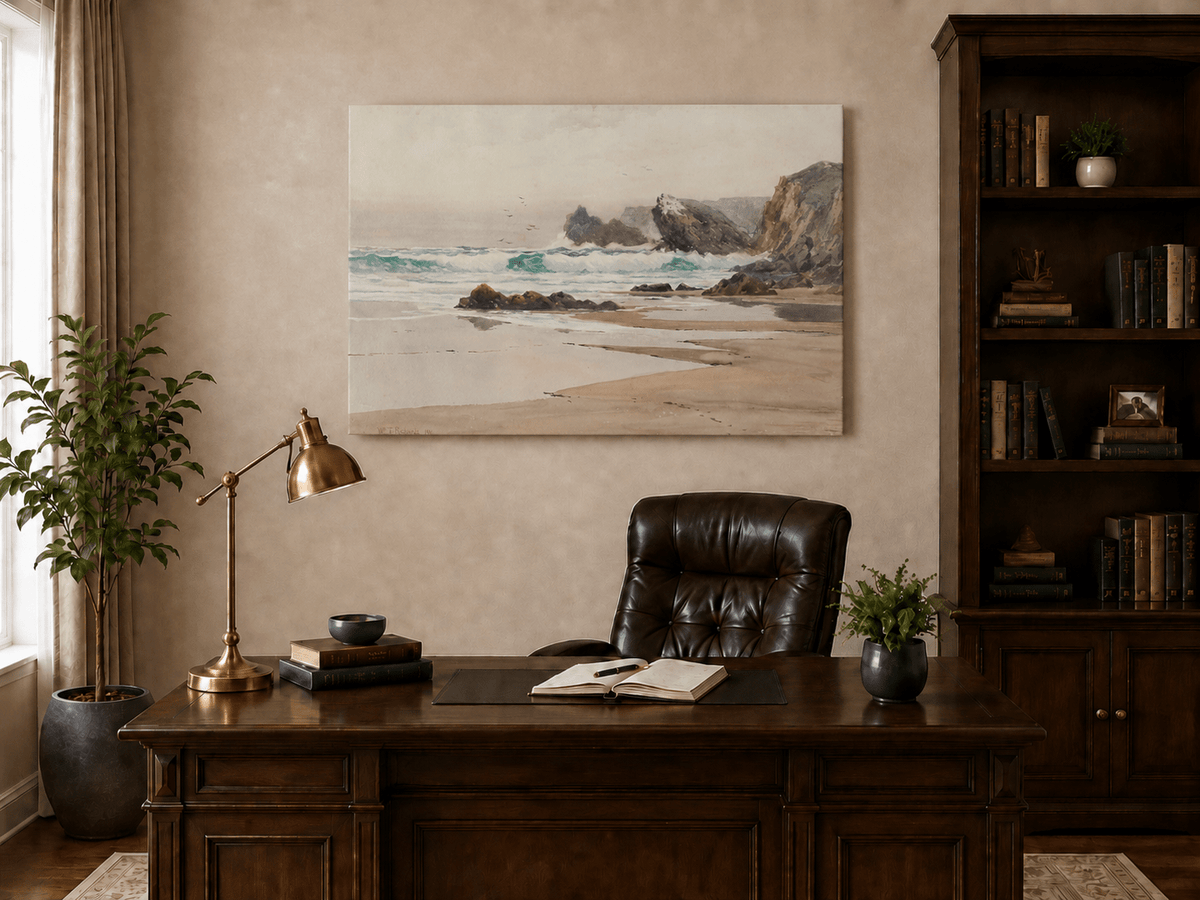 Unframed hand-painted coastal beach oil painting with crashing waves and cliffside rocks displayed above a traditional home office desk.