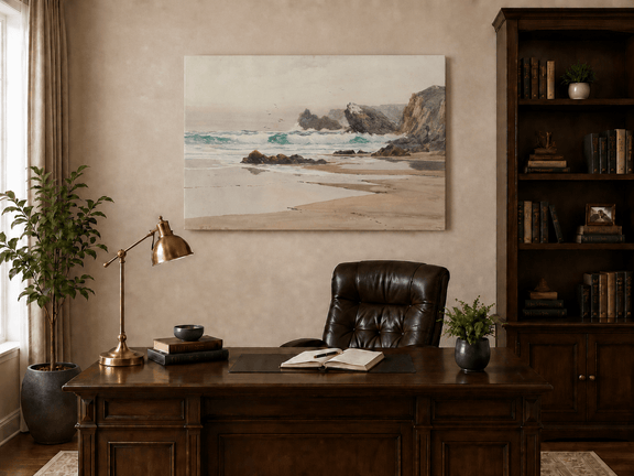 Unframed hand-painted coastal beach oil painting with crashing waves and cliffside rocks displayed above a traditional home office desk.
