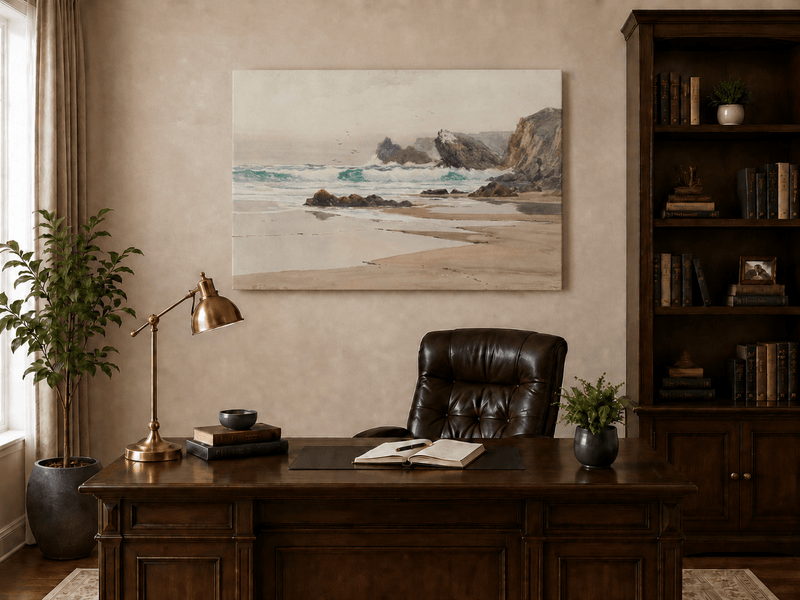 Unframed hand-painted coastal beach oil painting with crashing waves and cliffside rocks displayed above a traditional home office desk.