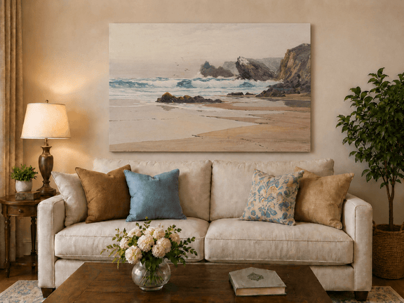 Unframed hand-painted coastal beach oil painting with crashing waves and cliffside rocks displayed above a neutral living room sofa.