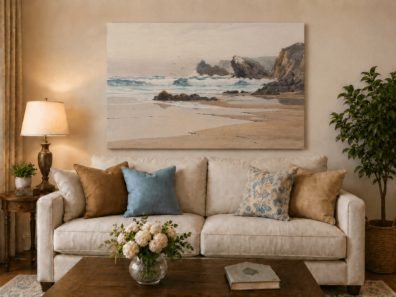 Unframed hand-painted coastal beach oil painting with crashing waves and cliffside rocks displayed above a neutral living room sofa.