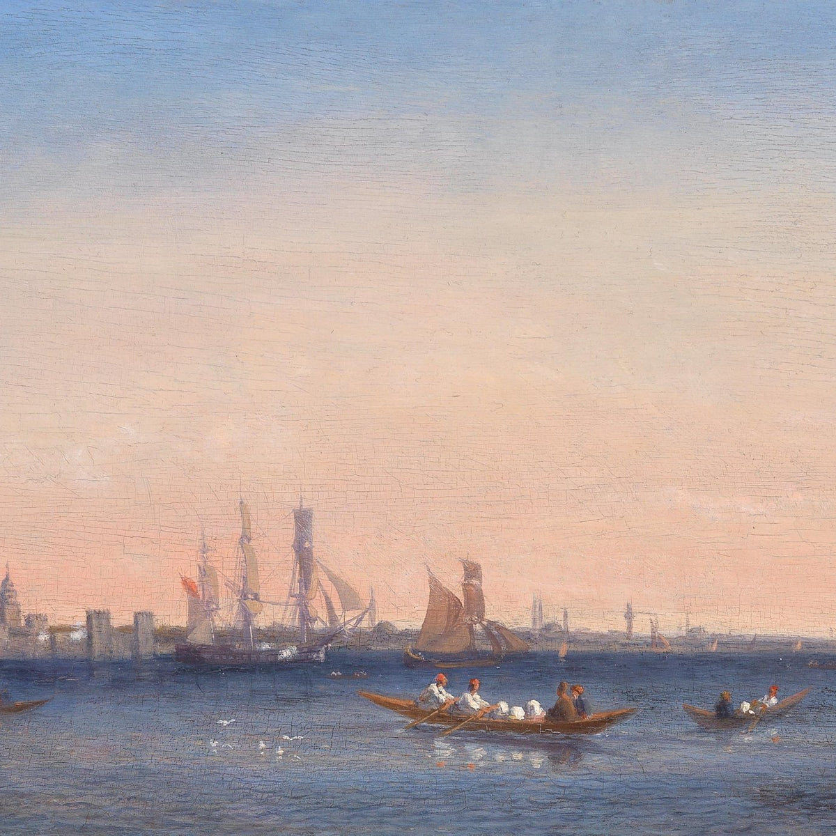 Hand-painted coastal city harbor at dusk nautical oil painting on canvas