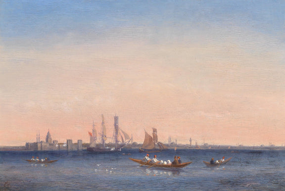 Hand-painted coastal city harbor at dusk nautical oil painting on canvas