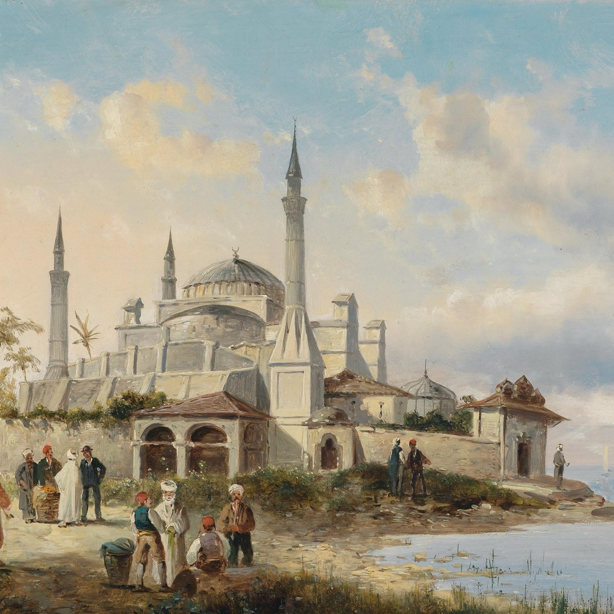 Coastal City with Mosque and Figures at Dusk – Landscape Oil Painting - Oil Painting Haven