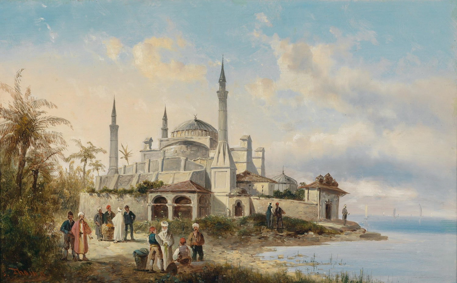 Coastal City with Mosque and Figures at Dusk – Landscape Oil Painting - Oil Painting Haven