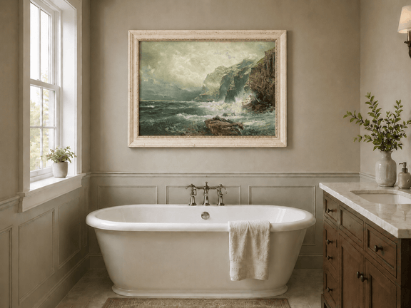 Framed hand-painted coastal cliff oil painting with crashing waves beneath a misty sky displayed above a freestanding bathtub.