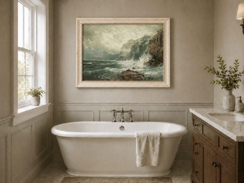 Framed hand-painted coastal cliff oil painting with crashing waves beneath a misty sky displayed above a freestanding bathtub.