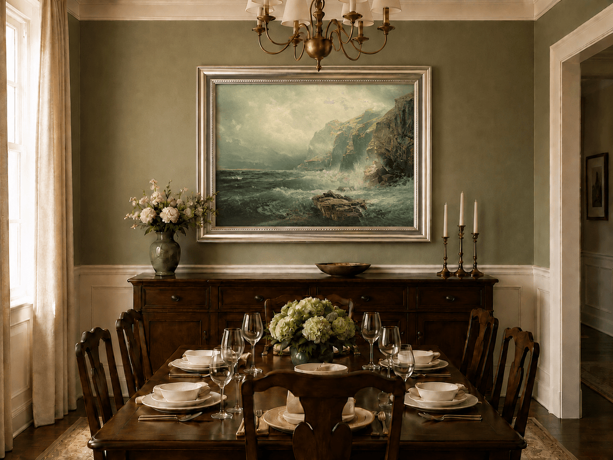 Framed hand-painted coastal cliff oil painting with crashing waves beneath a misty sky displayed above a formal dining table.