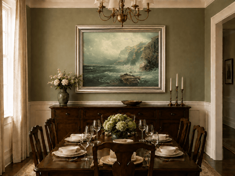 Framed hand-painted coastal cliff oil painting with crashing waves beneath a misty sky displayed above a formal dining table.