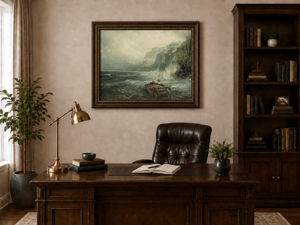Framed hand-painted coastal cliff oil painting with crashing waves beneath a misty sky displayed above a traditional home office desk.