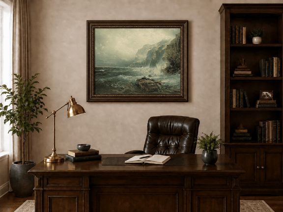 Framed hand-painted coastal cliff oil painting with crashing waves beneath a misty sky displayed above a traditional home office desk.