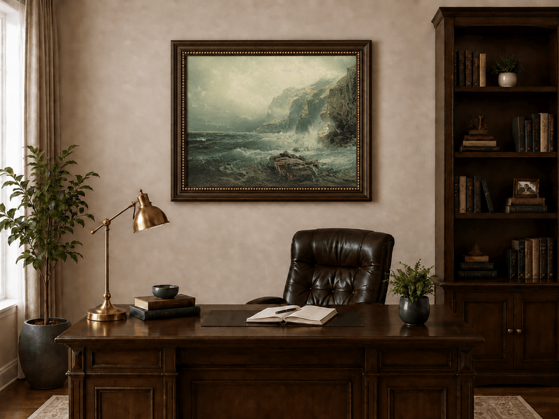 Framed hand-painted coastal cliff oil painting with crashing waves beneath a misty sky displayed above a traditional home office desk.