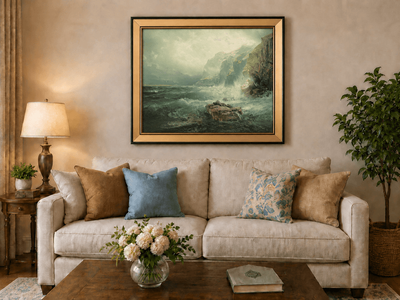 Framed hand-painted coastal cliff oil painting with crashing waves beneath a misty sky displayed above a neutral living room sofa.