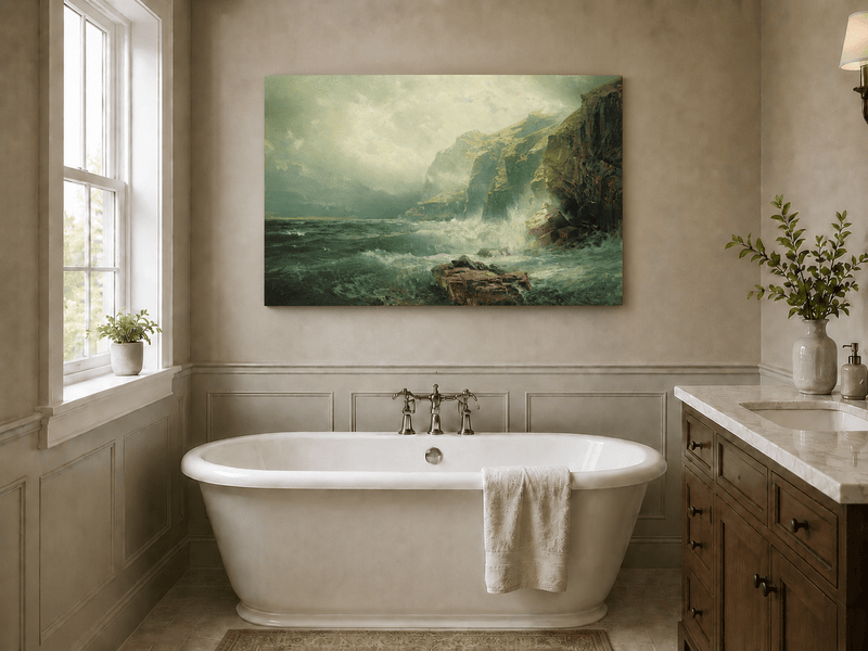Unframed hand-painted coastal cliff oil painting with crashing waves beneath a misty sky displayed above a freestanding bathtub.