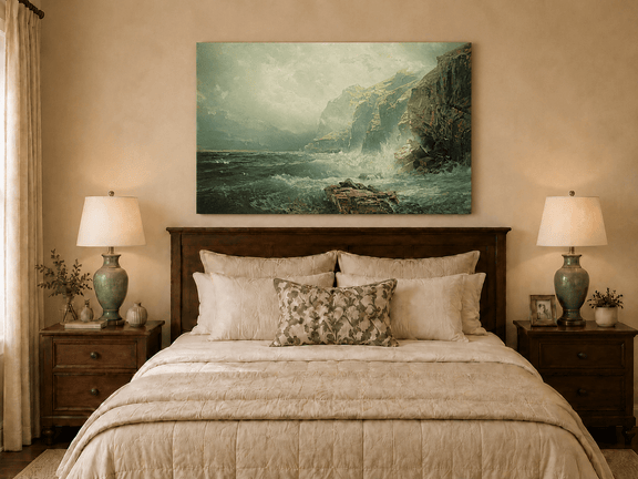 Unframed hand-painted coastal cliff oil painting with crashing waves beneath a misty sky displayed above a wooden bed in a neutral bedroom.