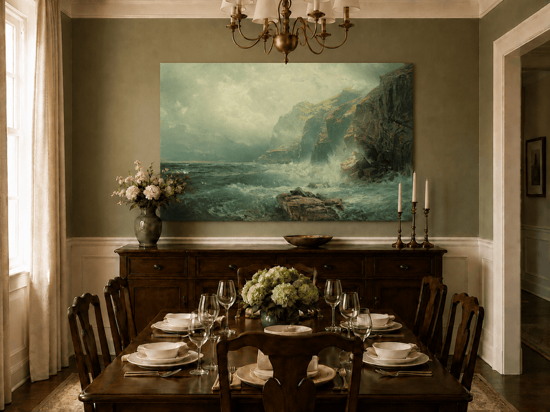 Unframed hand-painted coastal cliff oil painting with crashing waves beneath a misty sky displayed above a formal dining table.