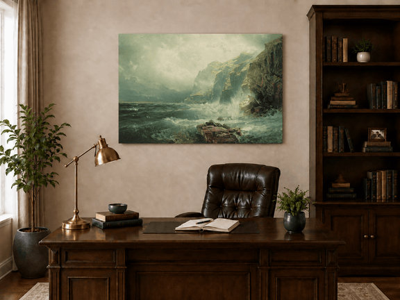 Unframed hand-painted coastal cliff oil painting with crashing waves beneath a misty sky displayed above a traditional home office desk.