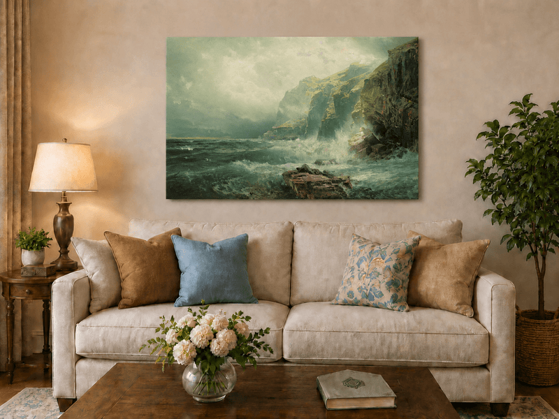 Unframed hand-painted coastal cliff oil painting with crashing waves beneath a misty sky displayed above a neutral living room sofa.