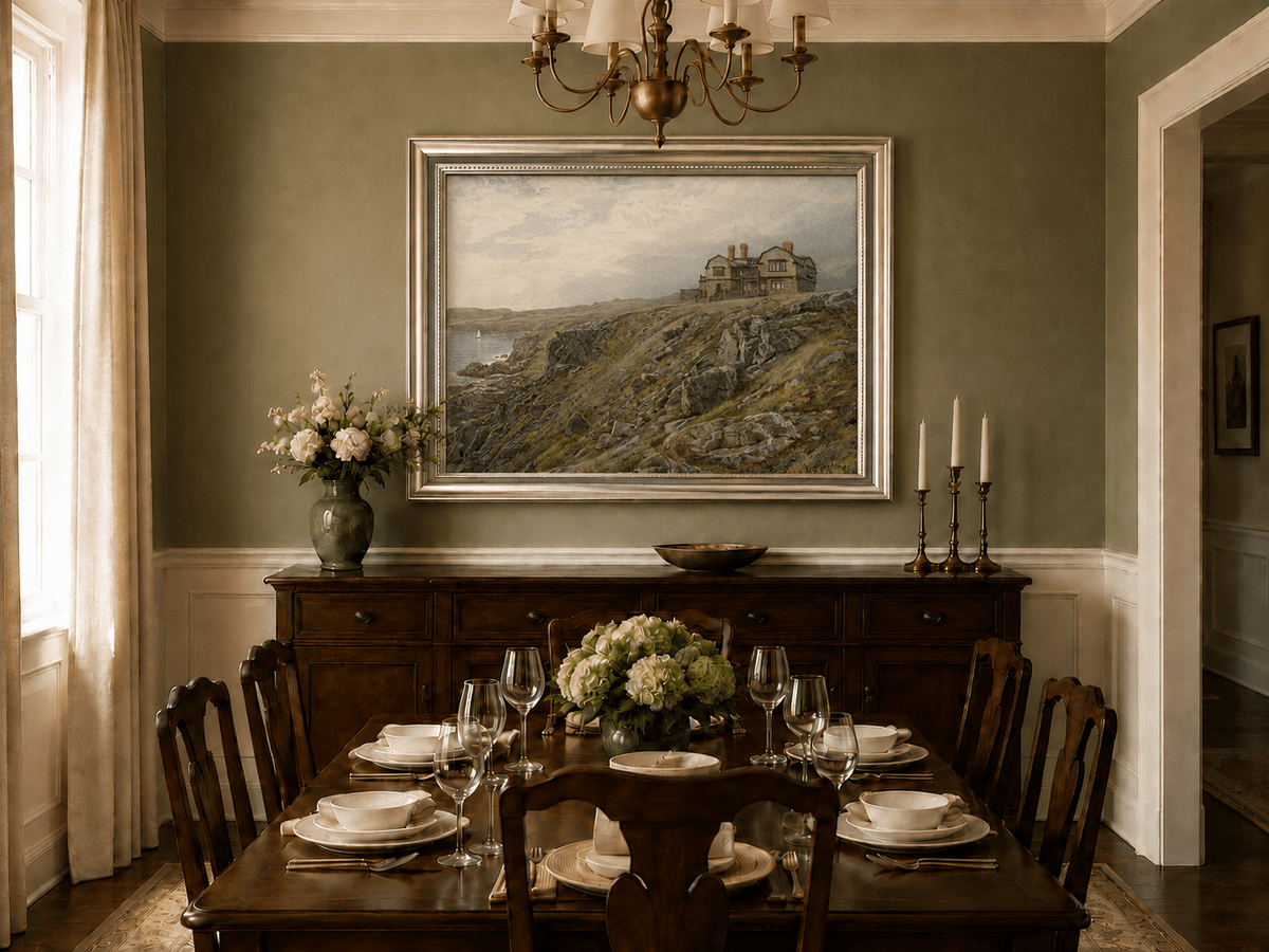Framed hand-painted coastal oil painting with a cliff house, rocky slopes and seaside view displayed above a formal dining table.