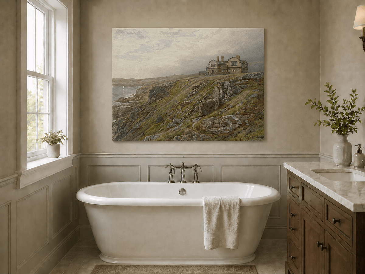 Unframed hand-painted coastal oil painting with a cliff house, rocky slopes and seaside view displayed above a freestanding bathtub.