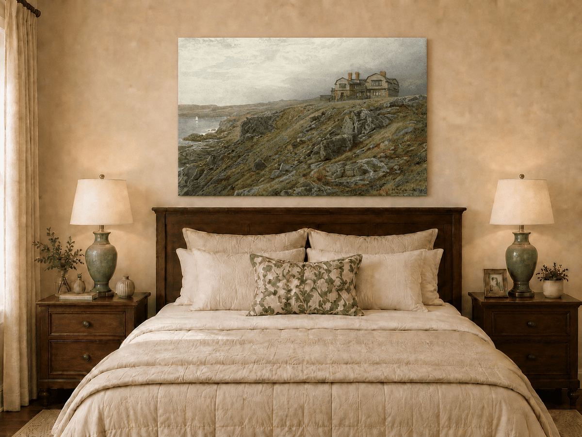 Unframed hand-painted coastal oil painting with a cliff house, rocky slopes and seaside view displayed above a wooden bed in a neutral bedroom.