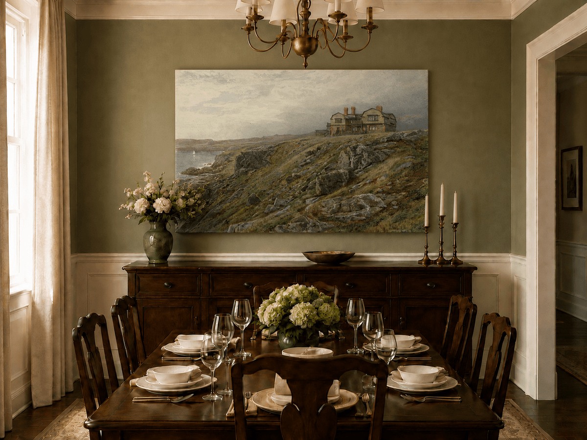 Unframed hand-painted coastal oil painting with a cliff house, rocky slopes and seaside view displayed above a formal dining table.