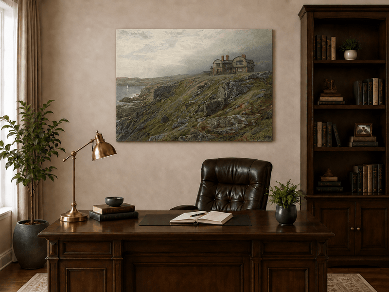 Unframed hand-painted coastal oil painting with a cliff house, rocky slopes and seaside view displayed above a traditional home office desk.