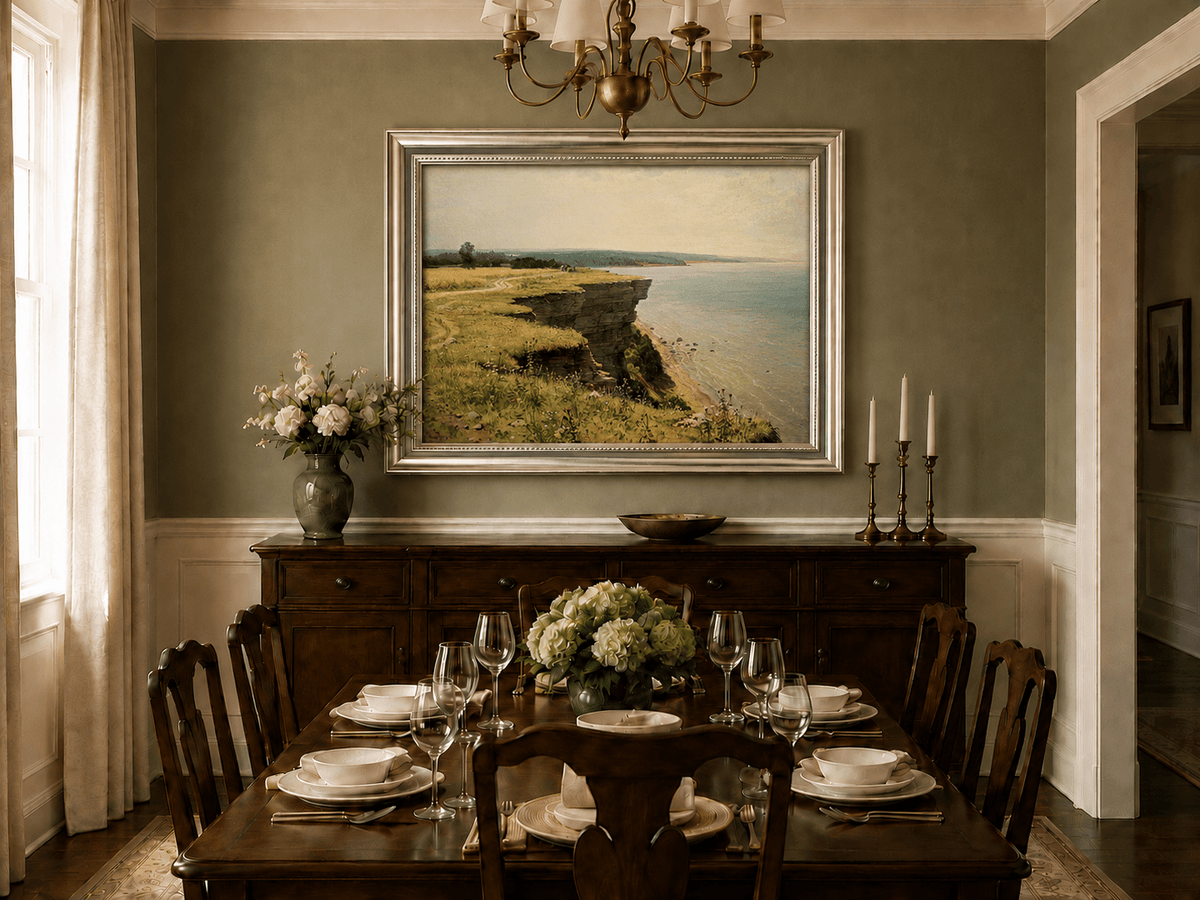 Framed hand-painted coastal landscape oil painting with a grassy cliff and expansive sea view displayed above a formal dining table.