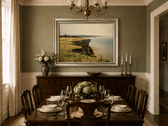 Framed hand-painted coastal landscape oil painting with a grassy cliff and expansive sea view displayed above a formal dining table.
