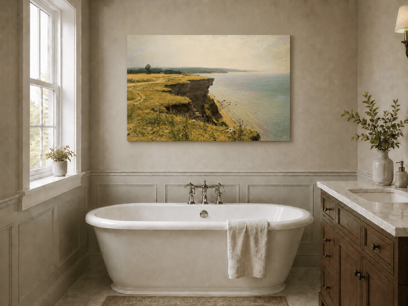 Unframed hand-painted coastal landscape oil painting with a grassy cliff and expansive sea view displayed above a freestanding bathtub.