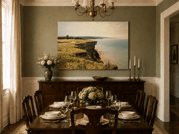 Unframed hand-painted coastal landscape oil painting with a grassy cliff and expansive sea view displayed above a formal dining table.