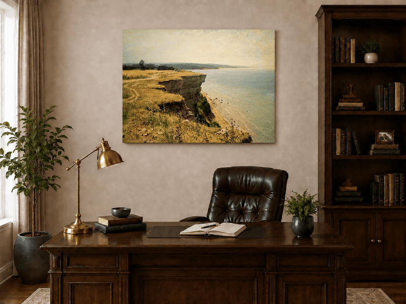 Unframed hand-painted coastal landscape oil painting with a grassy cliff and expansive sea view displayed above a traditional home office desk.