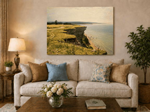 Unframed hand-painted coastal landscape oil painting with a grassy cliff and expansive sea view displayed above a neutral living room sofa.