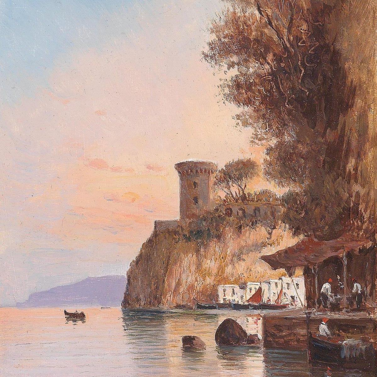 Coastal Cliff, Watchtower at Dusk – Hand - Painted Landscape Oil Painting - Oil Painting Haven